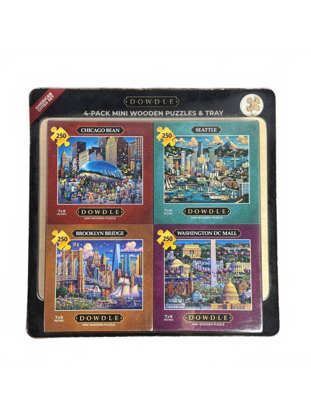 Dowdle 4-Pack Mini Wooden Puzzles American Cities Set 250pc Birch Tray NEW